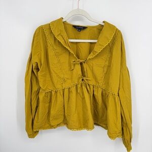 Anthropologie Calligraphie Blouse yellow green boho top 100% cotton bow details